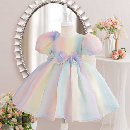 Organza Applique Short Sleeve Short Dresses - Rainbow - 7-8Y - image 1
