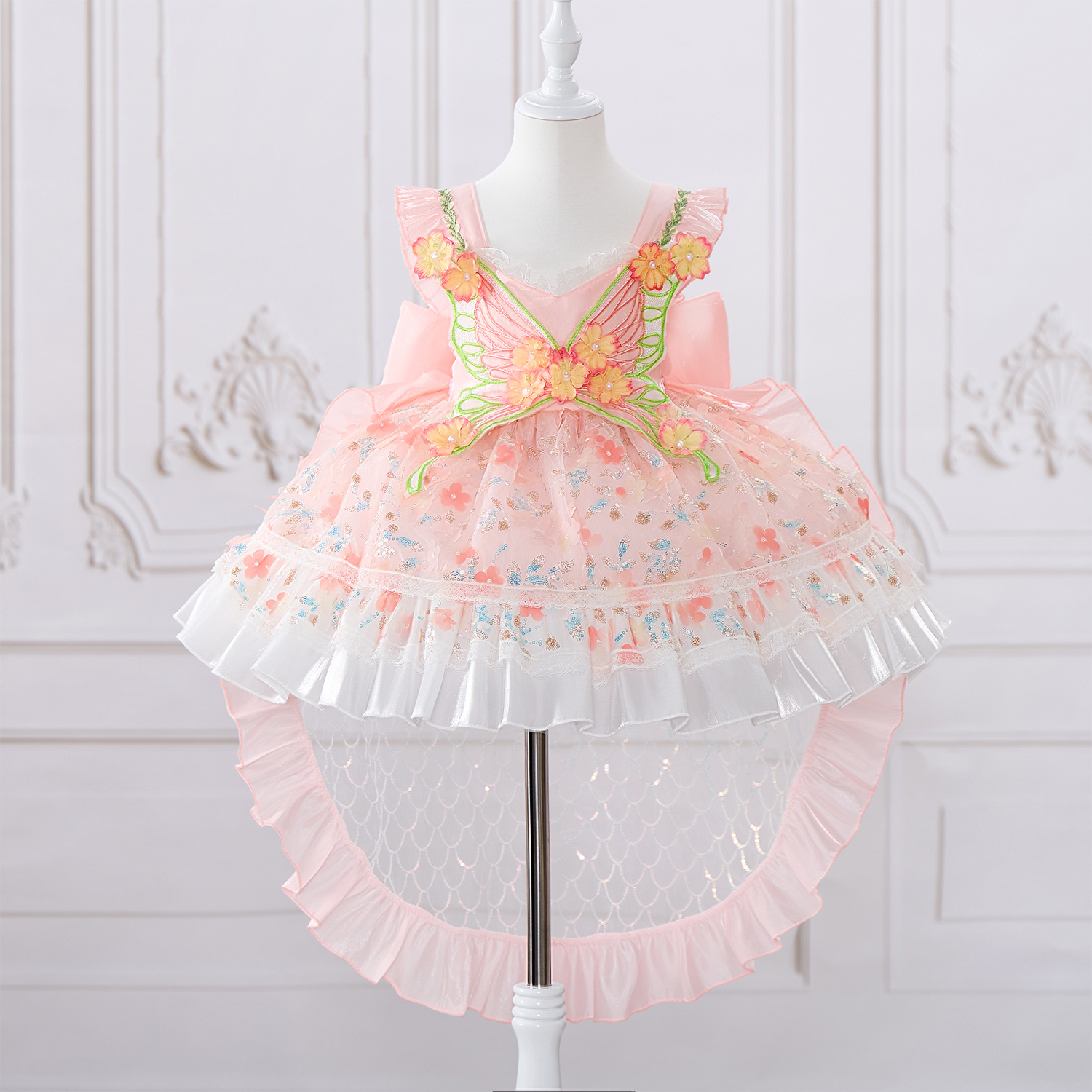 Mesh Applique Sleeveless Short Dresses With Bow Train - Pink Dress + Bow Train Gift - 8-9Y - image 1