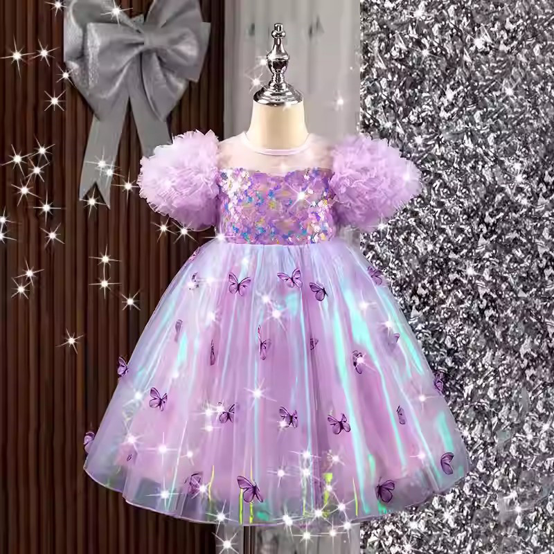 Mesh Butterfly Sequins Short Sleeve Midi Dresses - Purple - 7-8Y - image 1
