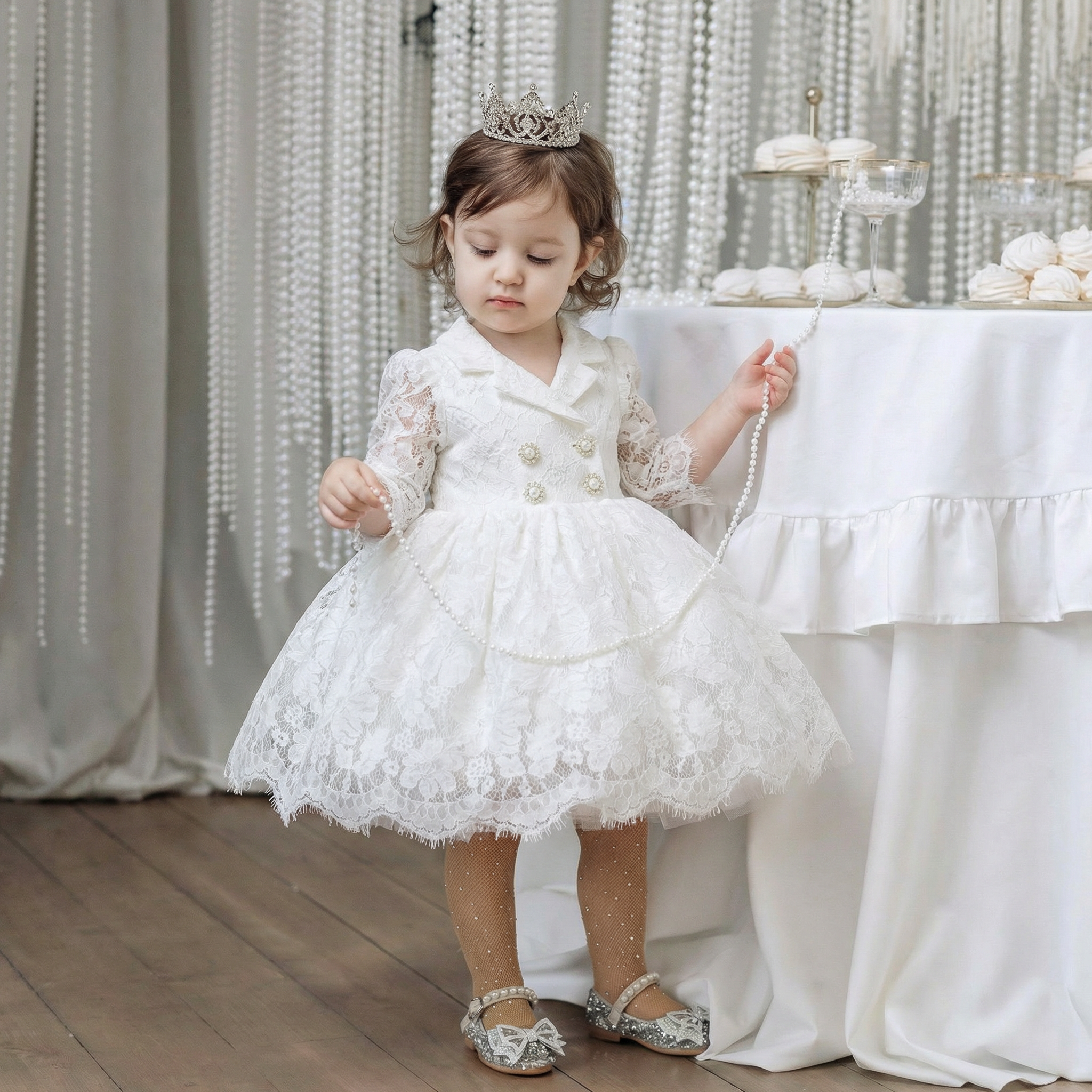 Lace Buttoned Half Sleeve Midi Dresses - White - 15-16Y - image 1