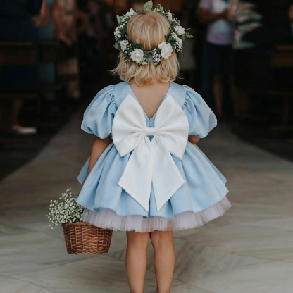 Satin Bow Short Sleeve Midi Dresses - image 1