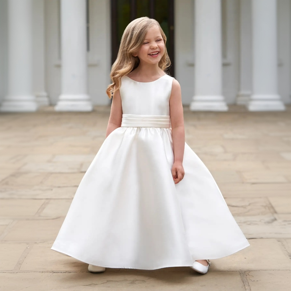 Satin Bow Sleeveless Mid-long Dresses - White - 13-14Y - image 1