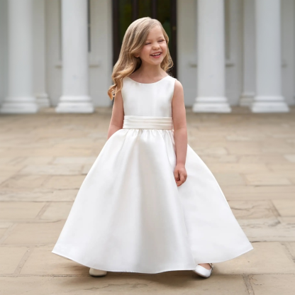 Satin Bow Sleeveless Mid-long Dresses - White - 13-14Y - image 1