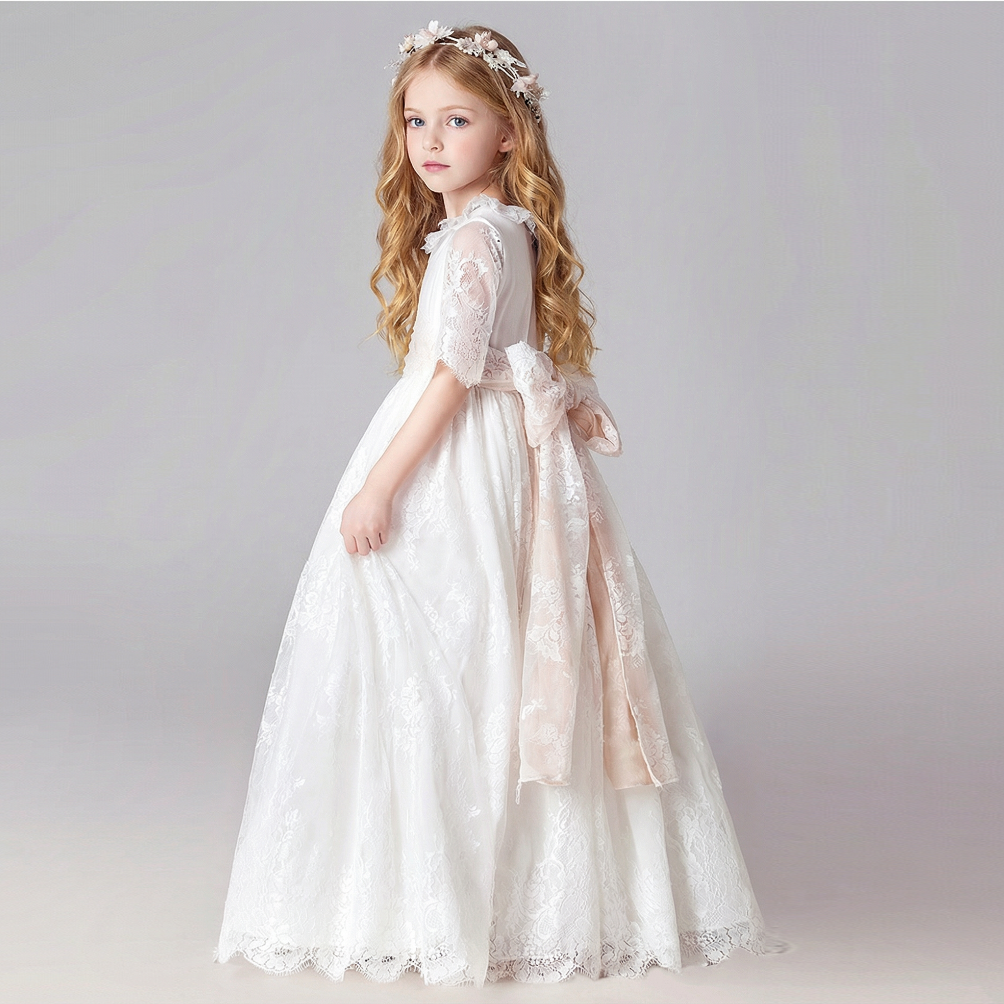 Lace Bow Half Sleeve Mid-long Dresses - image 5