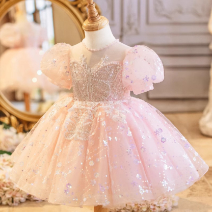 Mesh Sequins Applique Short Sleeve Short Dresses - Pink - 8Y - image 1