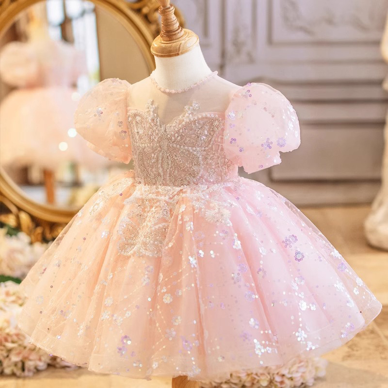 Mesh Sequins Applique Short Sleeve Short Dresses - Pink - 8Y - image 1