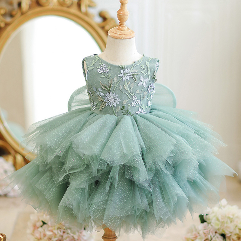 Mesh Embroidery Sleeveless Short Dresses - Sage Green - 8Y - image 1