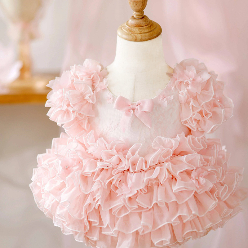Lace Folds Bow Short Sleeve Short Dresses - Pink - 4Y - image 1