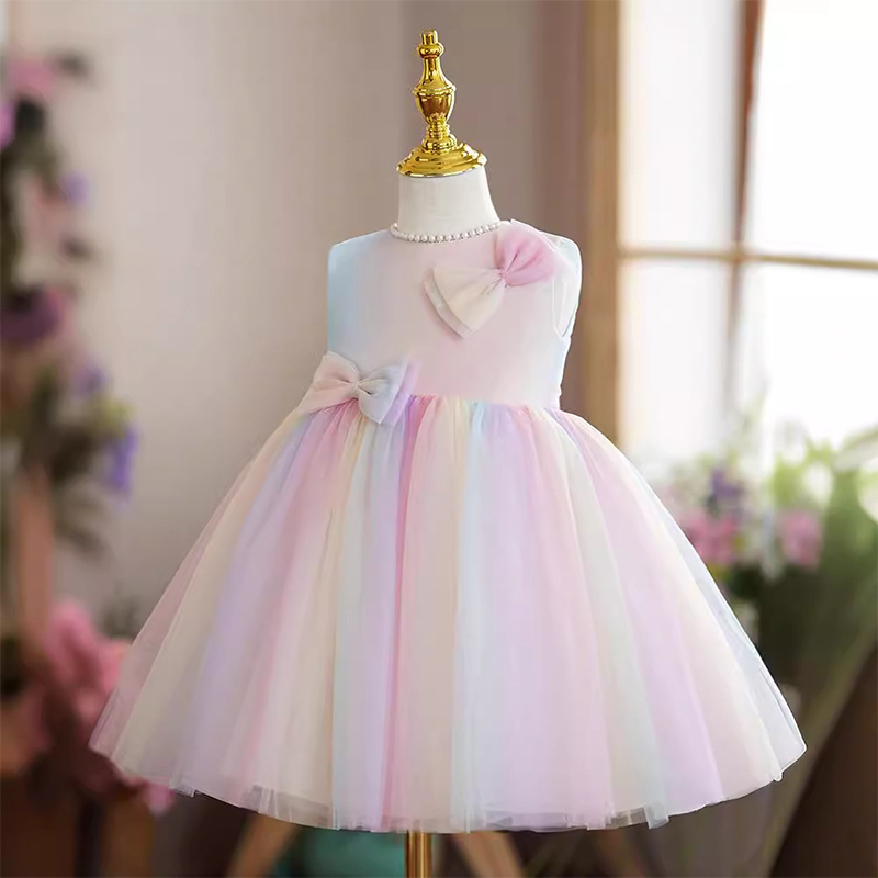 Mesh Bow Pearl Sleeveless Midi Dresses - Rainbow - 9-10Y - image 1