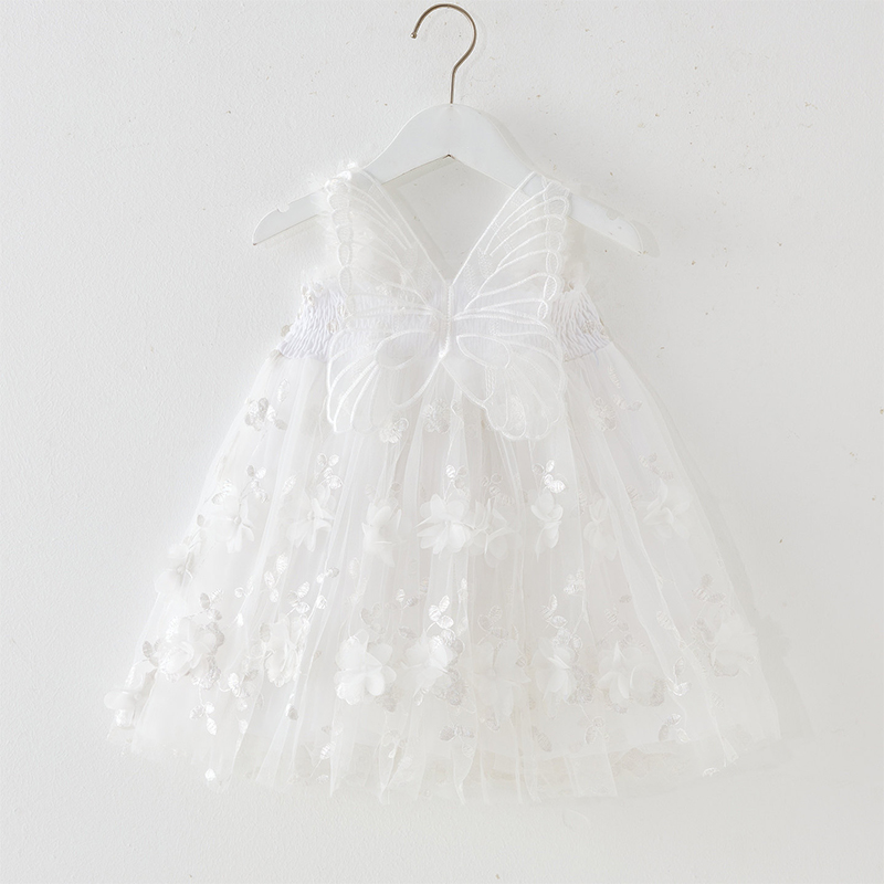 Mesh Embroidery Applique Butterfly Sleeveless Midi Dresses - White - 6-7Y - image 11
