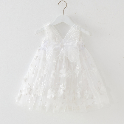 Mesh Embroidery Applique Butterfly Sleeveless Midi Dresses - White - 6-7Y - image 11