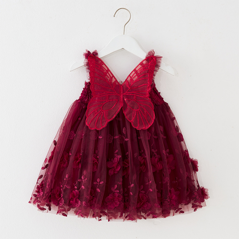 Mesh Embroidery Applique Butterfly Sleeveless Midi Dresses - Wine - 6-7Y - image 14