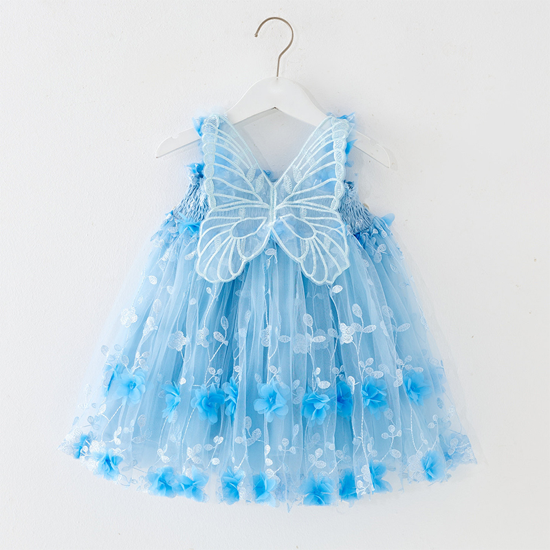 Mesh Embroidery Applique Butterfly Sleeveless Midi Dresses - Light Blue - 6-7Y - image 17