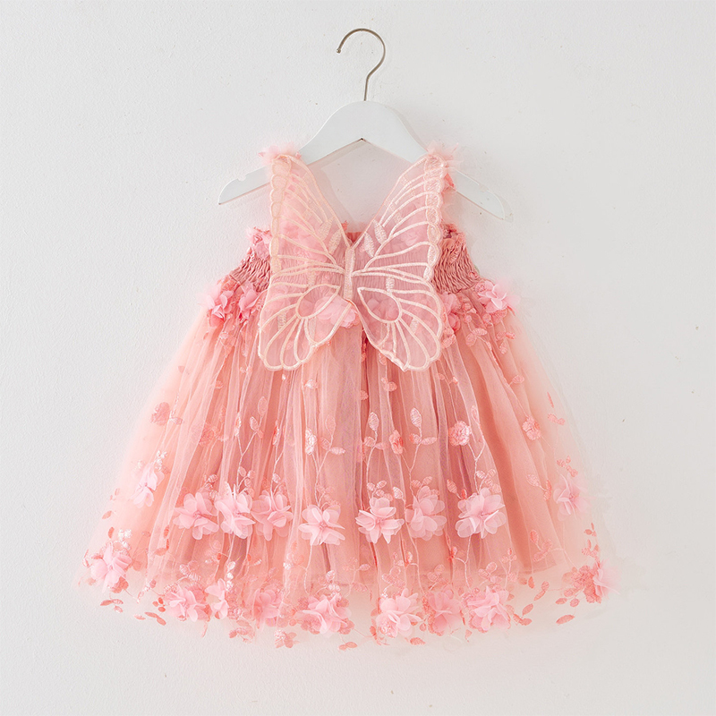 Mesh Embroidery Applique Butterfly Sleeveless Midi Dresses - Light Pink - 6-7Y - image 3
