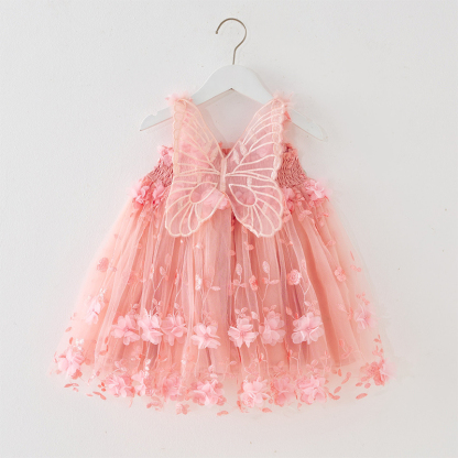 Mesh Embroidery Applique Butterfly Sleeveless Midi Dresses - Light Pink - 6-7Y - image 3