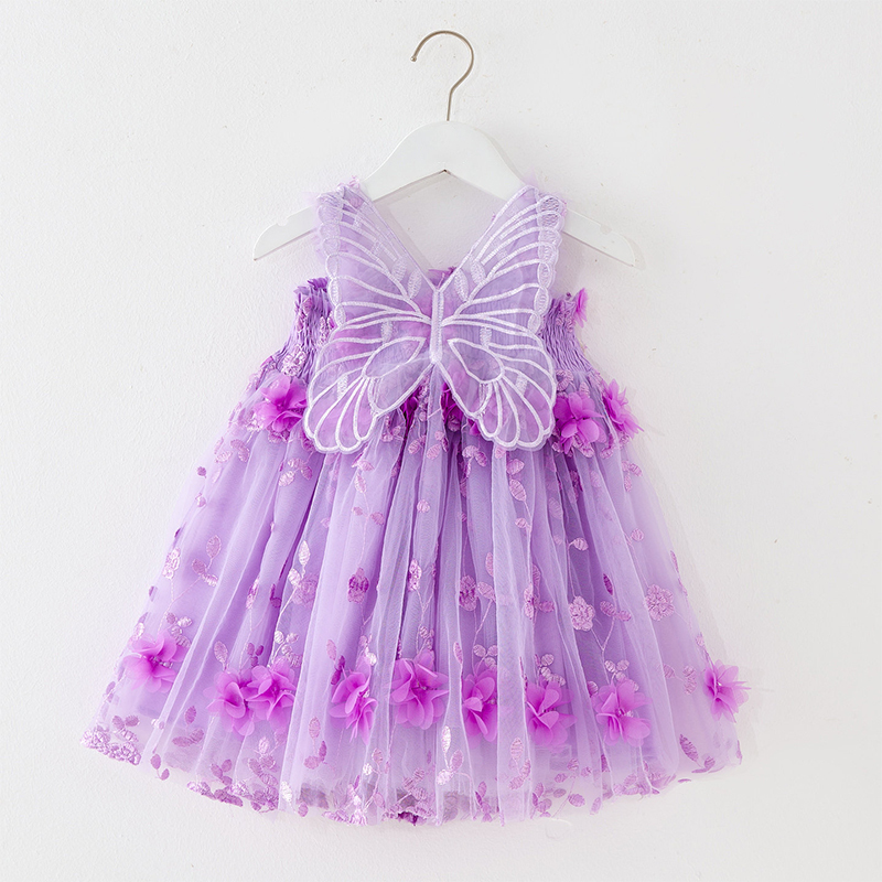 Mesh Embroidery Applique Butterfly Sleeveless Midi Dresses - Light Purple - 6-7Y - image 8