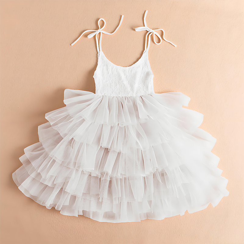 Mesh Lace Lace-up Sleeveless Midi Dresses - White - 11-12Y - image 5