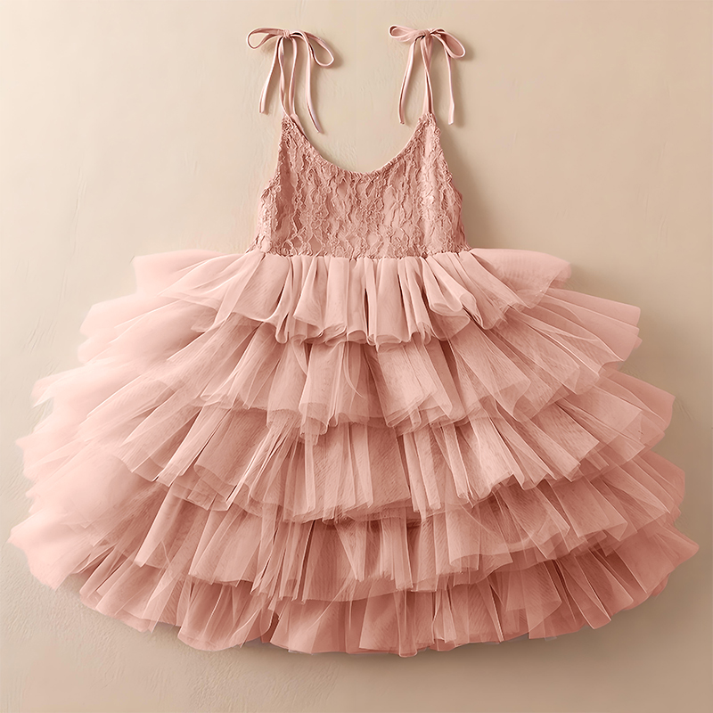 Mesh Lace Lace-up Sleeveless Midi Dresses - Pink - 11-12Y - image 1