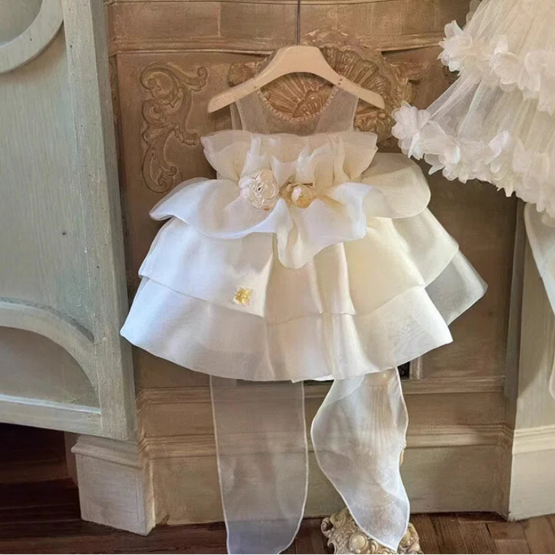 Organza Rosette Sleeveless Short Dresses - Beige - 8Y - image 1
