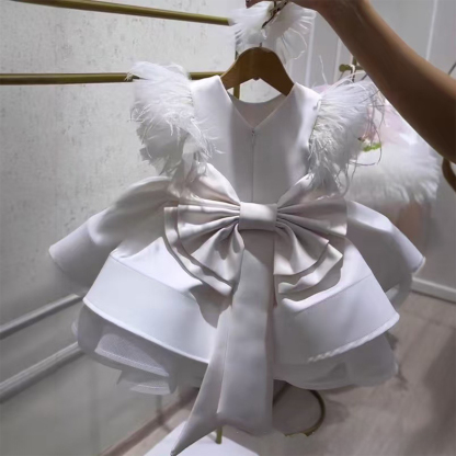 Satin Floral-embroidered Feather-trimmed Bow Short Sleeve Short Dresses - image 2