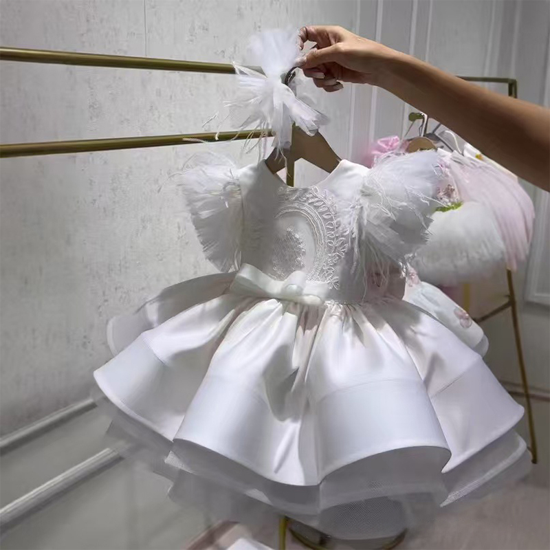 Satin Floral-embroidered Feather-trimmed Bow Short Sleeve Short Dresses - White - 13-14Y - image 1