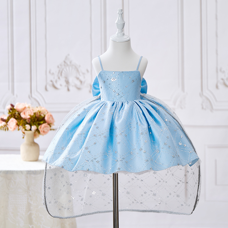 Sequins Bow Sleeveless Midi Dresses With Crown Necklace And Train - Blue - 10-11Y - image 1