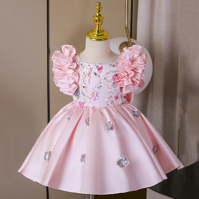 Satin Rhinestone Sequins Sleeveless Short Dresses - Pink - 13-14Y - image 1