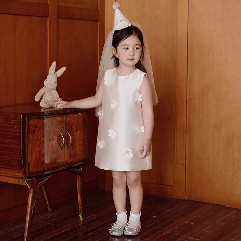 Satin Applique Sleeveless Short Dresses - White - 13-14Y - image 1