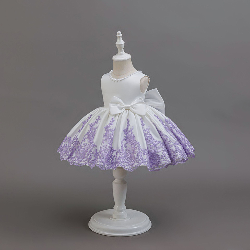 Satin Floral-embroidered Bow Pearl Sleeveless Midi Dresses - image 2