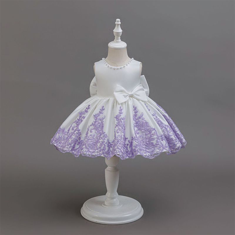 Satin Floral-embroidered Bow Pearl Sleeveless Midi Dresses - Purple - 2-3Y - image 1