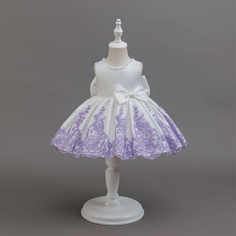Satin Floral-embroidered Bow Pearl Sleeveless Midi Dresses - Purple - 2-3Y - image 1