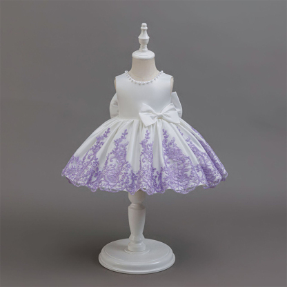 Satin Floral-embroidered Bow Pearl Sleeveless Midi Dresses - Purple - 2-3Y - image 1