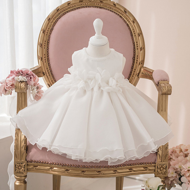 Organza Applique Sleeveless Midi Dresses - White Floral Style - 13-14Y - image 9