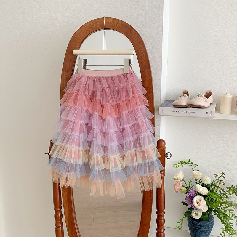 Mesh Folds Mid-long Skirts - Dark Pink - 13-14Y - image 8