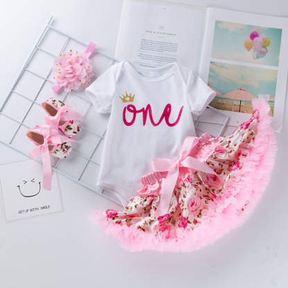 Cotton & Mesh Bow Short Sleeve Short Two-piece Set - Rose "One" - 18-24M - image 10