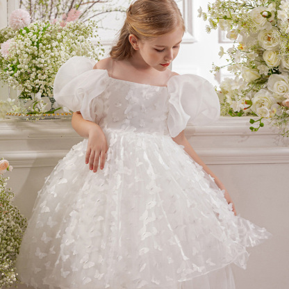 Mesh Butterfly Short Sleeve Midi Dresses - White - 8Y - image 1