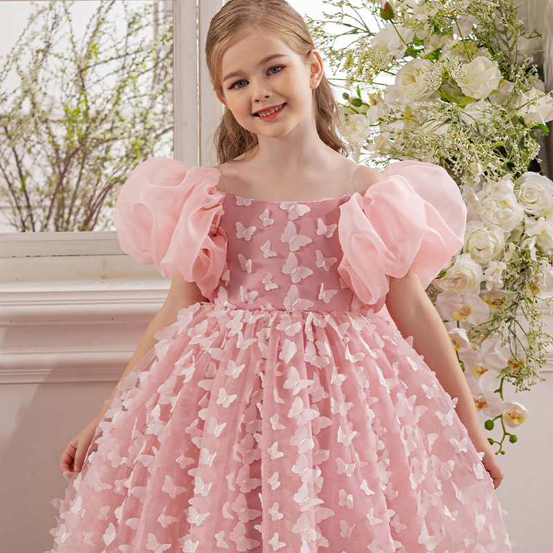 Mesh Butterfly Short Sleeve Midi Dresses - Pink - 8Y - image 12