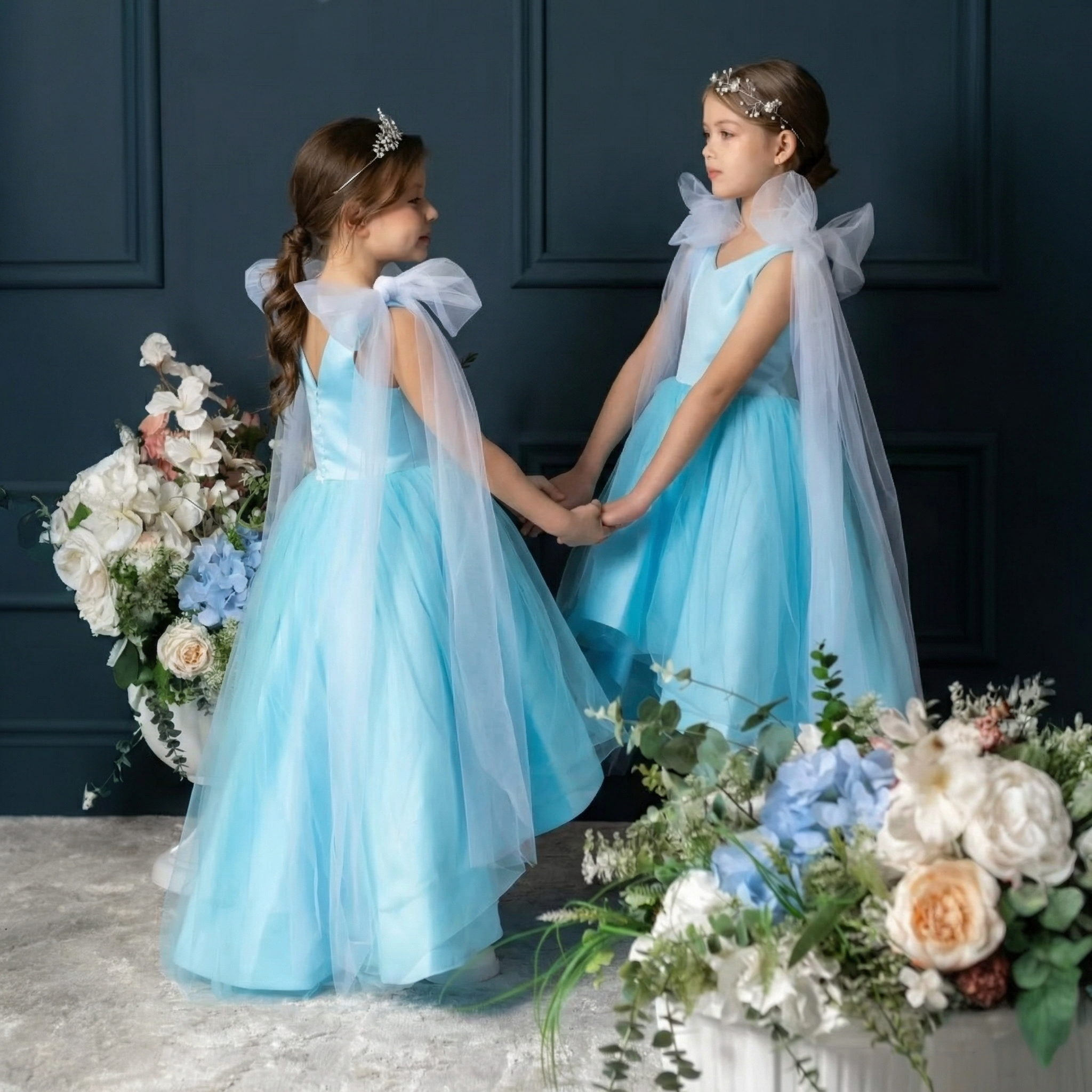 Satin Bow Sleeveless Midi Dresses - Blue - 11-13Y - image 7