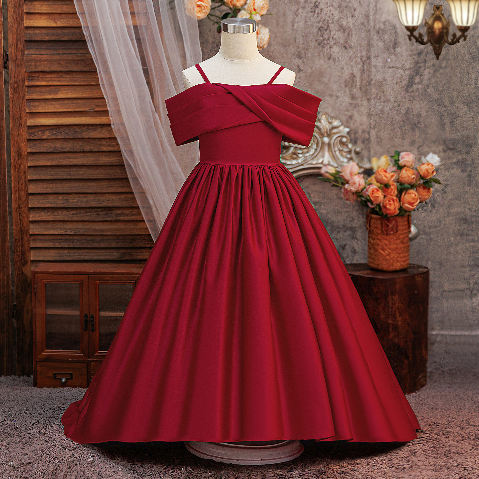 Satin Lace-up Sleeveless Maxi Dresses - Red - 12Y - image 14