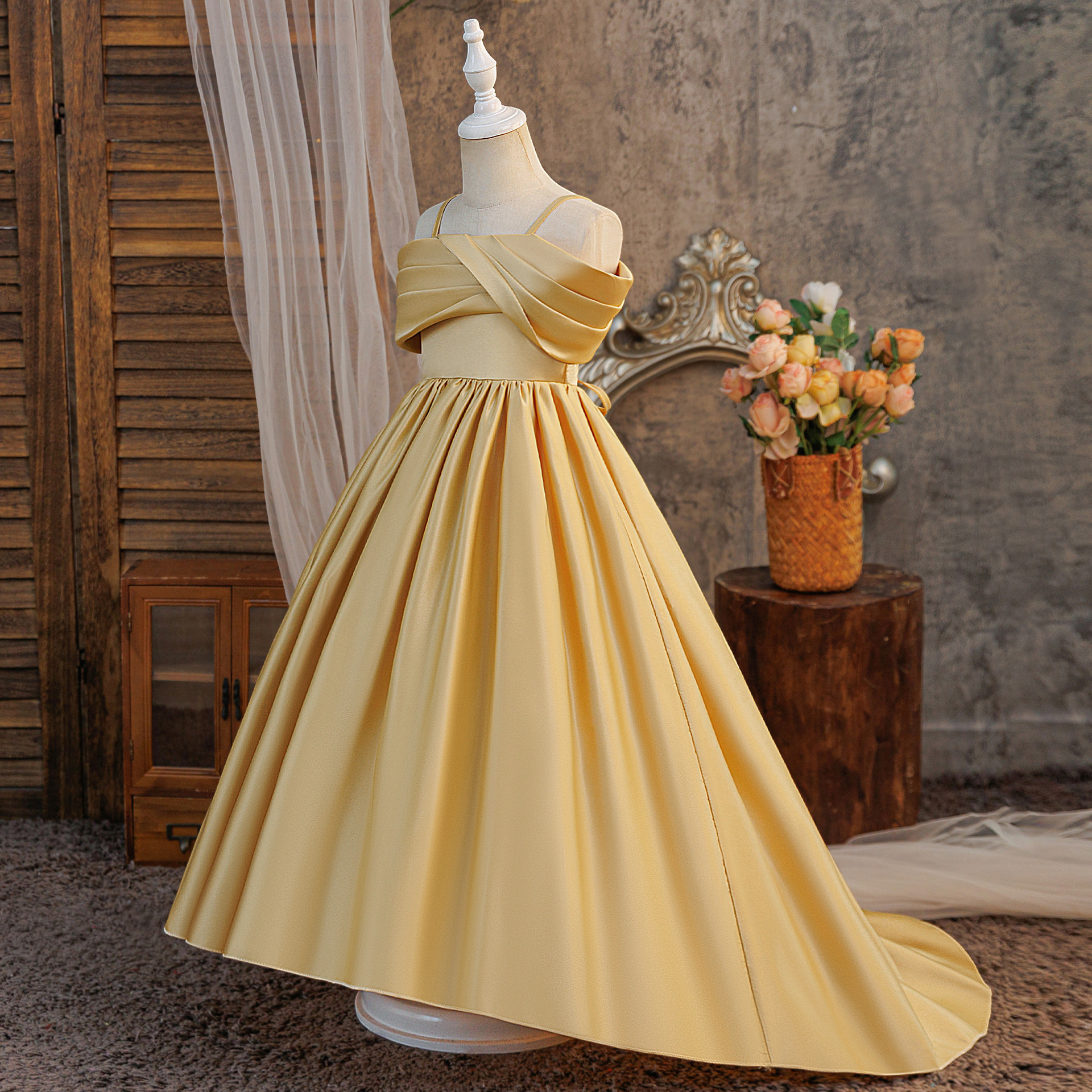 Satin Lace-up Sleeveless Maxi Dresses - Yellow - 12Y - image 1
