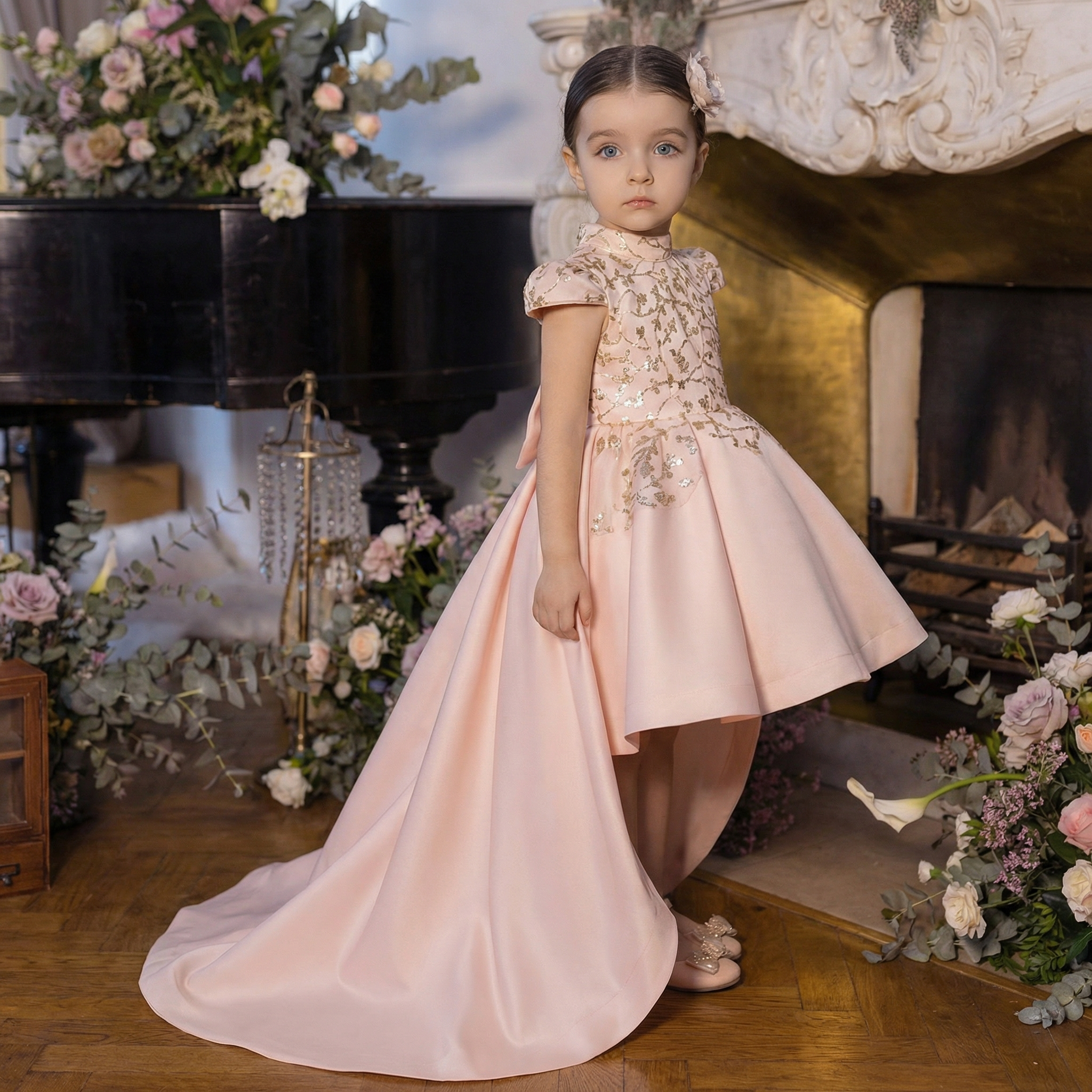 Satin Rosette Cap Sleeve Midi Dresses - Light Pink - 8Y - image 1