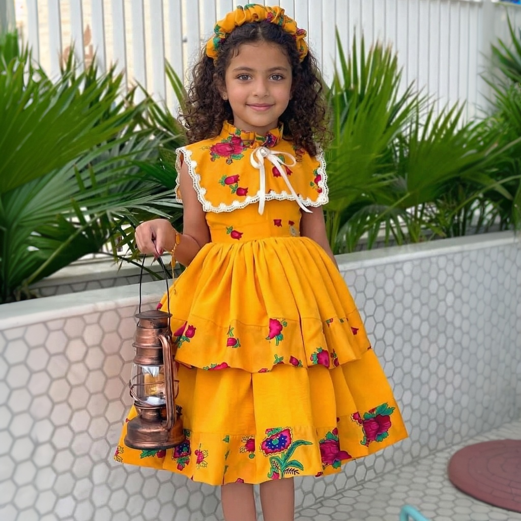 Ramadan Satin Applique Sleeveless Midi Dresses - Yellow - 6Y - image 1
