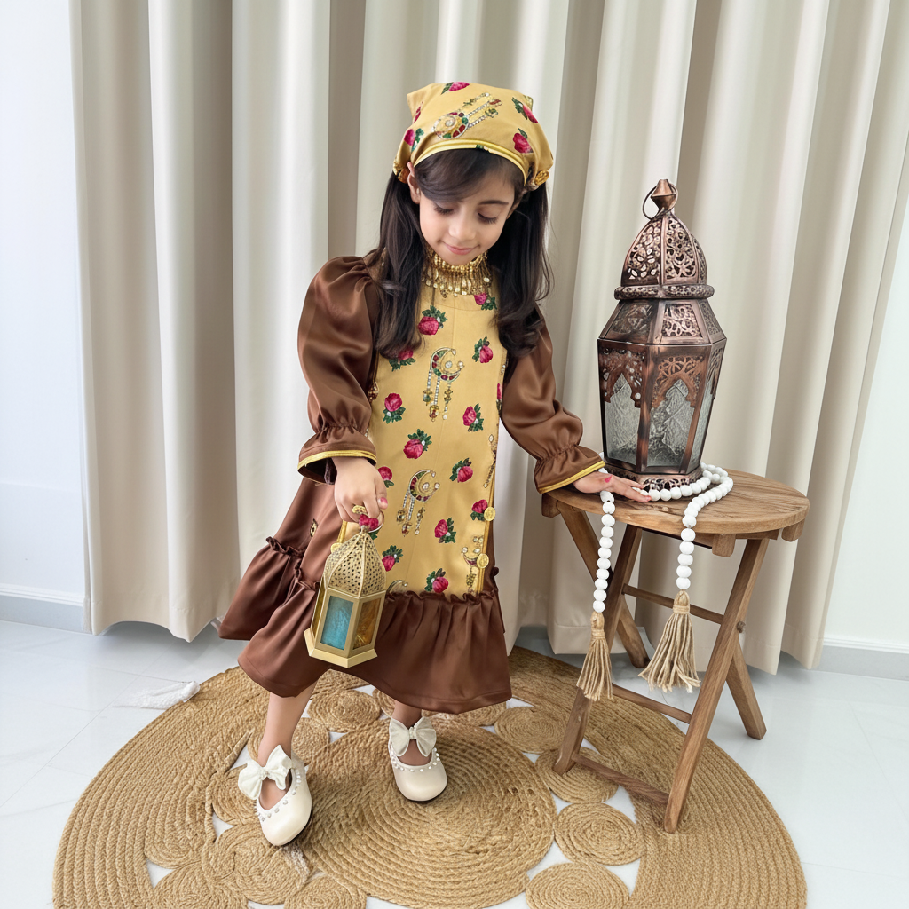 Ramadan Satin Split Joint Long Sleeve Midi Dresses - Khaki - 6Y - image 1