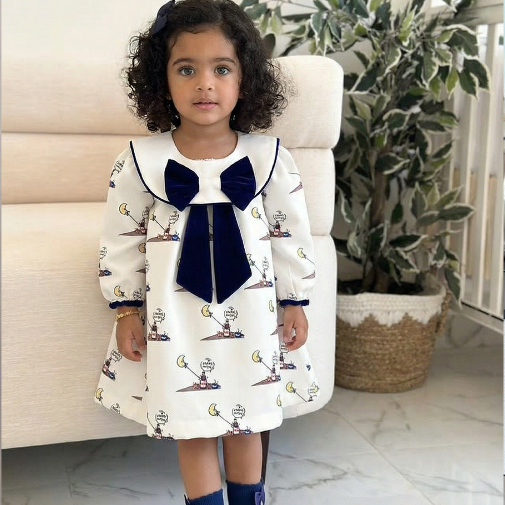 Ramadan Satin Bow Long Sleeve Midi Dresses - White - 5Y - image 1