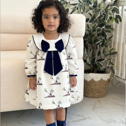 Ramadan Satin Bow Long Sleeve Midi Dresses - White - 5Y - image 1