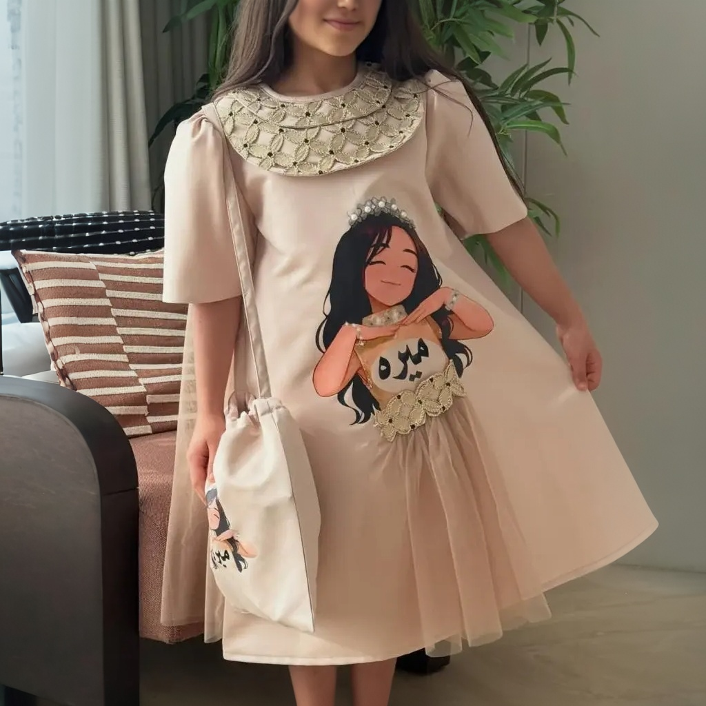 Ramadan Satin Split Joint Short Sleeve Midi Dresses - Light Beige - 5Y - image 1