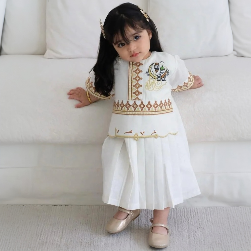 Ramadan Satin Embroidery Half Sleeve Mid-long Dresses - White - 5Y - image 1