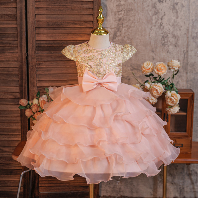 Organza Split Joint Bow Cap Sleeve Midi Dresses - Pink - 9-10Y - image 2