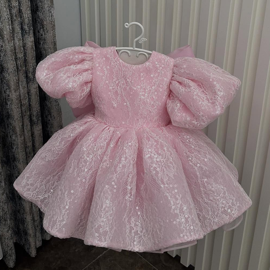 Lace Bow Short Sleeve Midi Dresses - Pink - 11-12Y - image 2