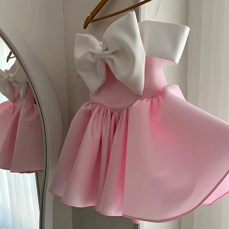 Satin Bow Short Sleeve Midi Dresses - Pink - 11-12Y - image 2